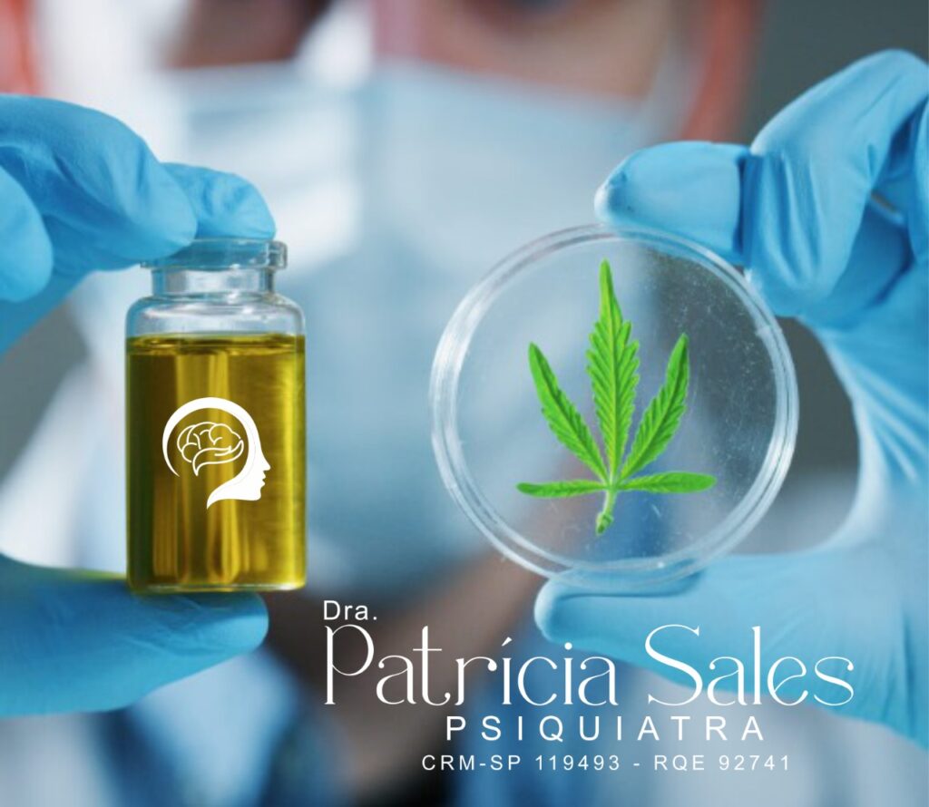 Profissional de saúde segurando frasco e placa de petri com folha de cannabis